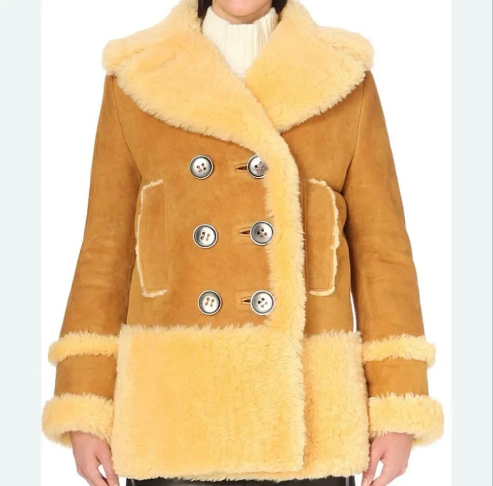 Coach Sheepskin Fur Coat in honey double-breasted plush shearling trim size M